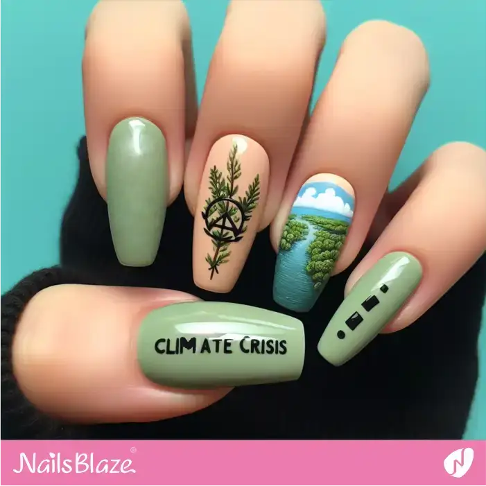 Green and Nude Sustainable Living Nail Design | Climate Crisis Nails - NB2645